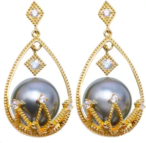 10-11mm Black Tahitian Pearl Earrings 925 Sterling Silver Flower Basket Dangle Earrings for Women