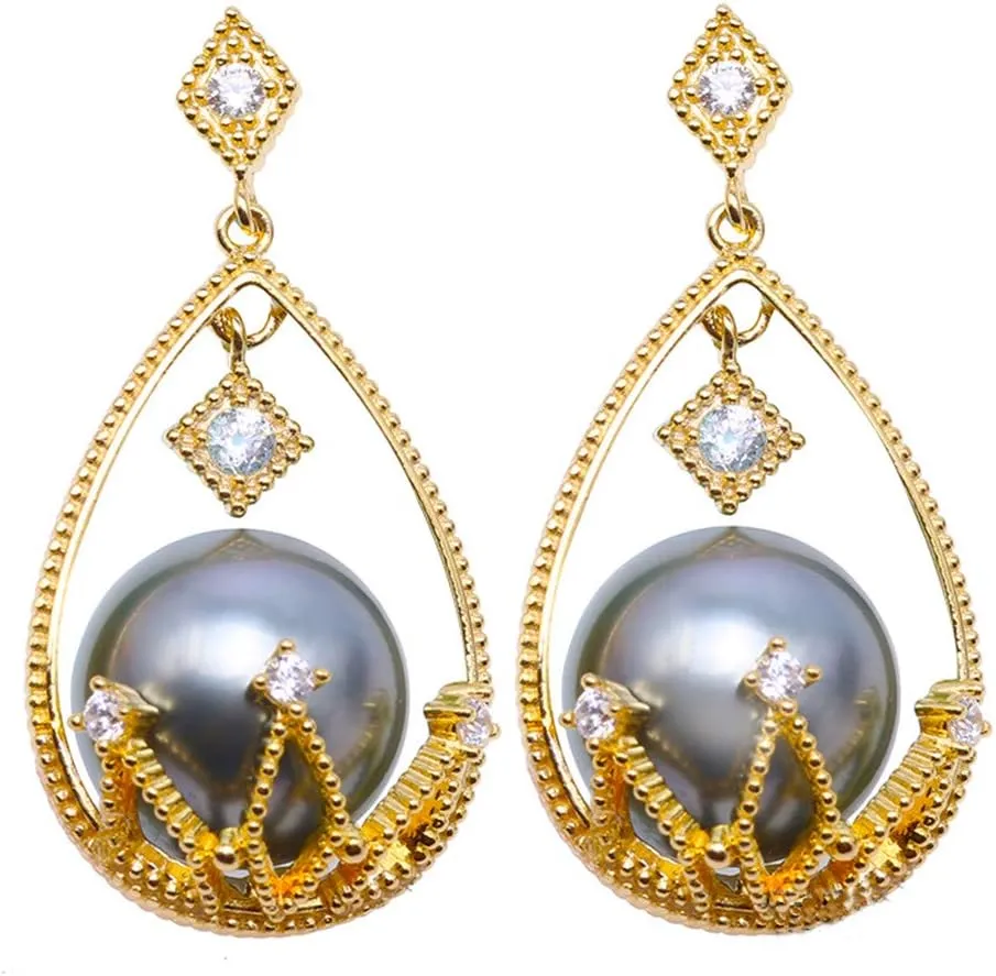 10-11mm Black Tahitian Pearl Earrings 925 Sterling Silver Flower Basket Dangle Earrings for Women