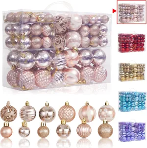 100Pcs Christmas Ball Ornaments Set, Assorted Shatterproof Christmas Tree Balls, Decorative Hanging Baubles Set for Holiday Weeding Party Home Decorations, Rose Gold