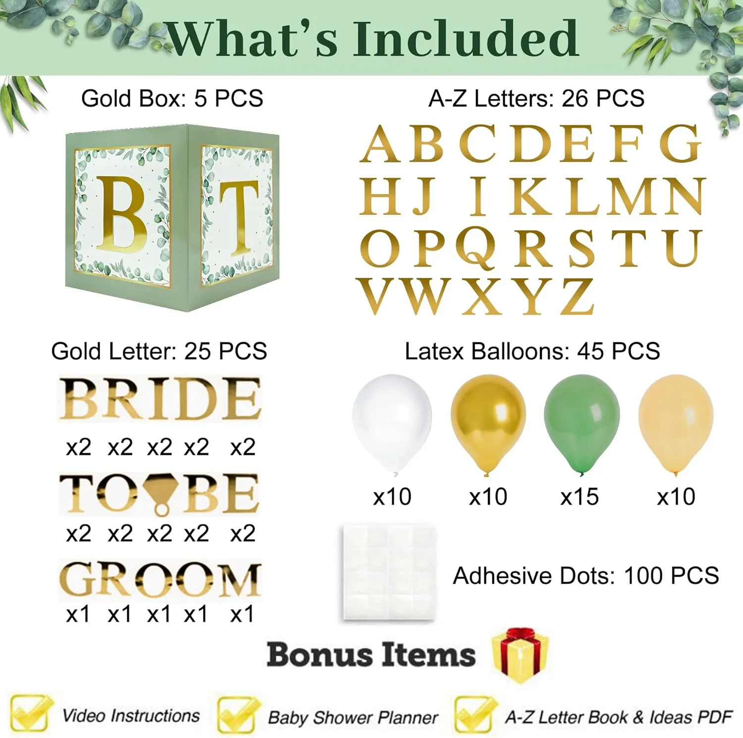101 PC Greenery Bridal Shower Decorations Balloon Boxes Gold- Blocks with BRIDE TO BE   GROOM   A - Z Letters and 40 Balloons- Engagement Bachelorette Parties Weddings Centerpieces Photo Booth Props