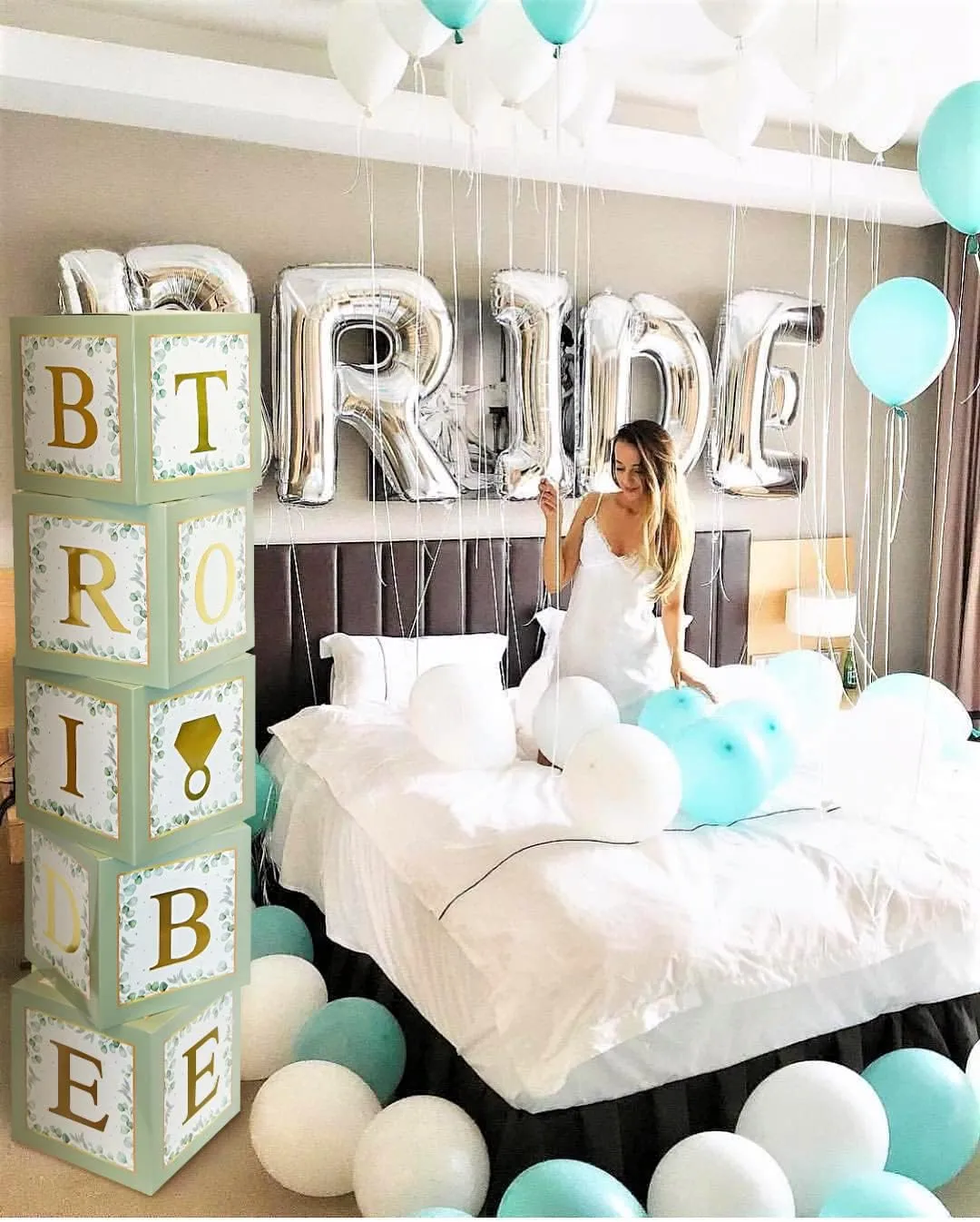 101 PC Greenery Bridal Shower Decorations Balloon Boxes Gold- Blocks with BRIDE TO BE   GROOM   A - Z Letters and 40 Balloons- Engagement Bachelorette Parties Weddings Centerpieces Photo Booth Props
