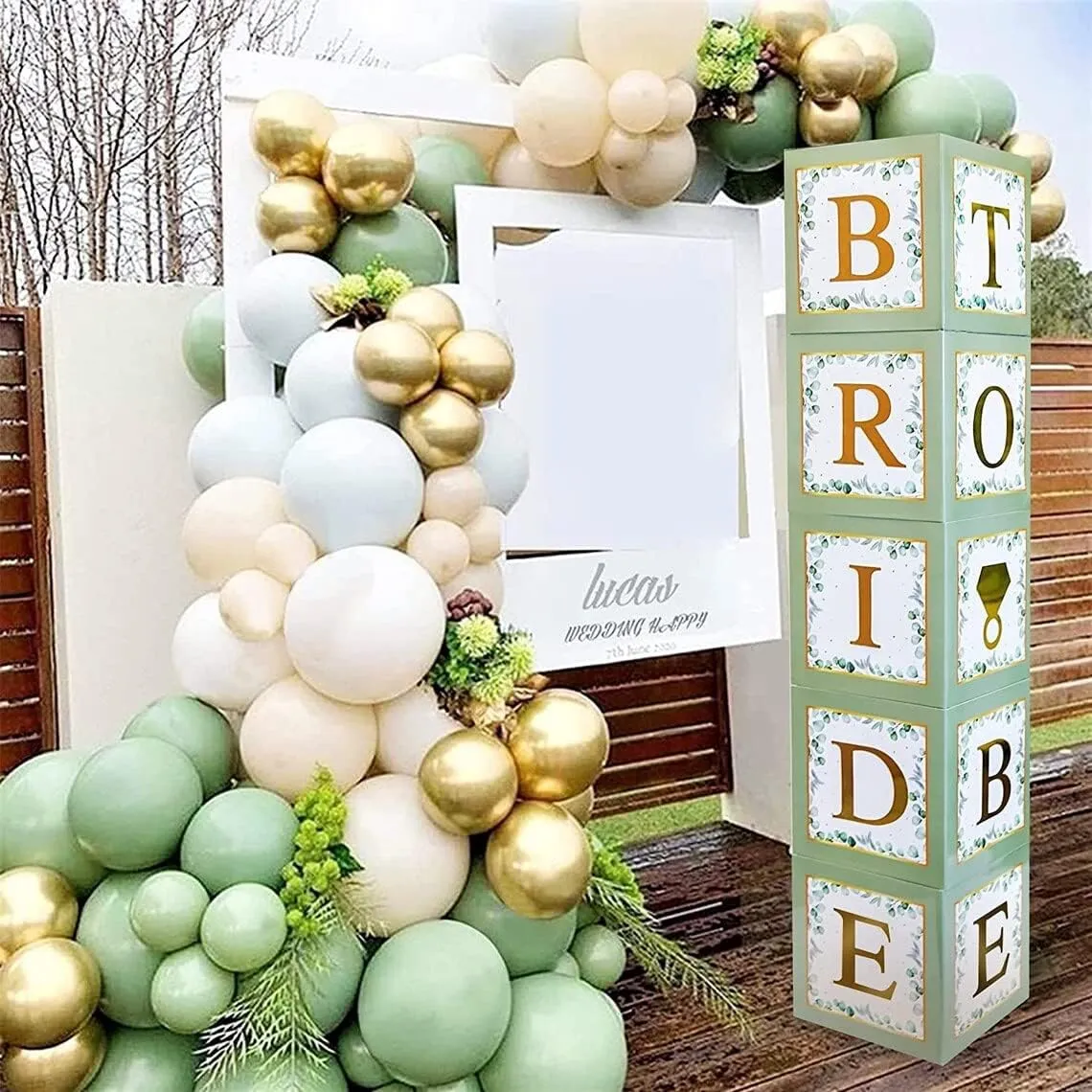 101 PC Greenery Bridal Shower Decorations Balloon Boxes Gold- Blocks with BRIDE TO BE   GROOM   A - Z Letters and 40 Balloons- Engagement Bachelorette Parties Weddings Centerpieces Photo Booth Props