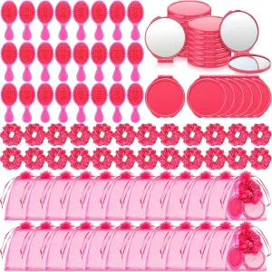 12 Set Pink Party Favors Makeup Party Favor Pink Hair Brush Elastic Scrunchies Compact Cosmetic Mirror Organza Bags Hair Accessories for Women