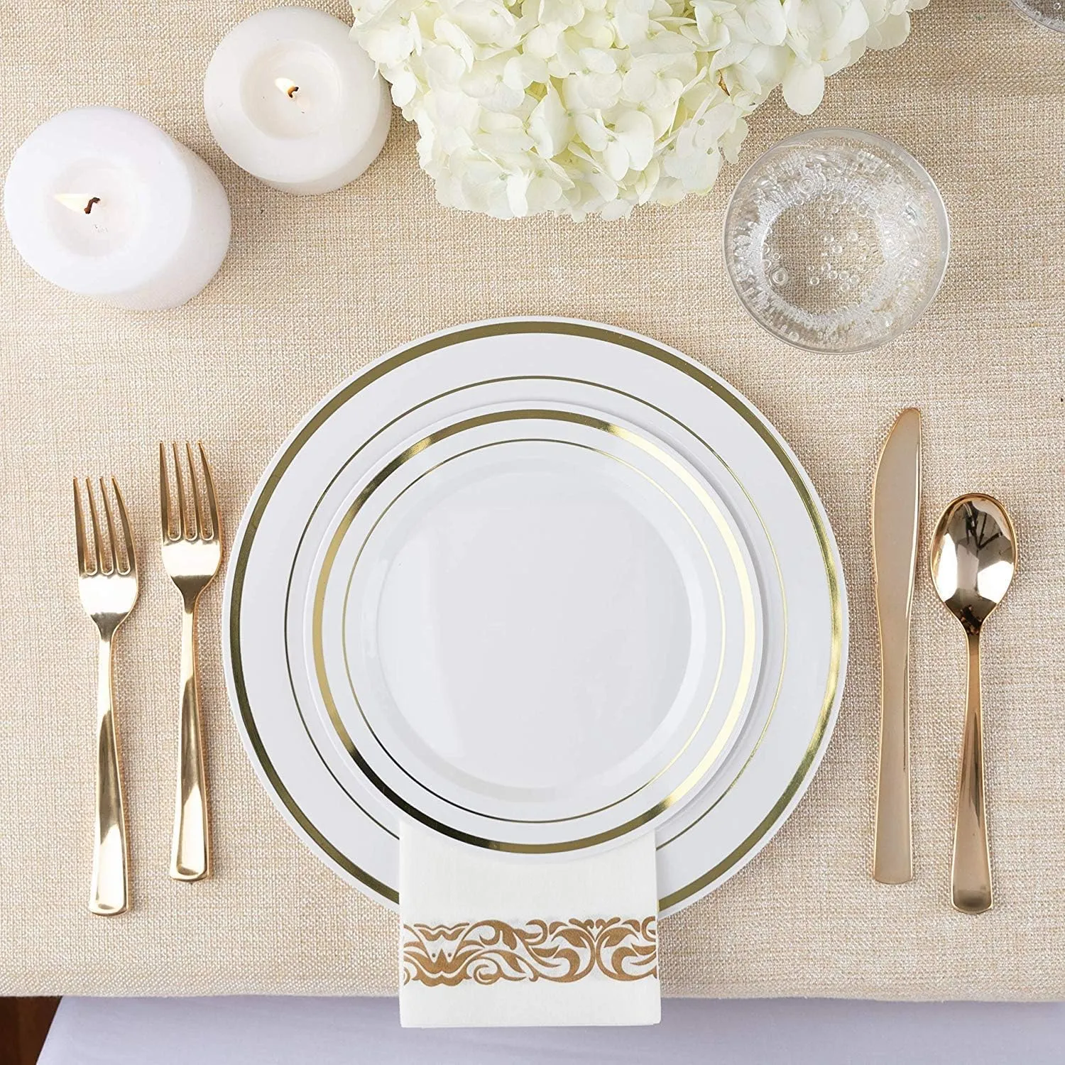 125-Piece White and Gold Fancy Plastic Plates Disposable with Silverware, Elegant Dinnerware for Weddings, Holiday Party China, Set of 25 Dinner   Salad Plates, 25 Spoons, 25 Forks, 25 Knives