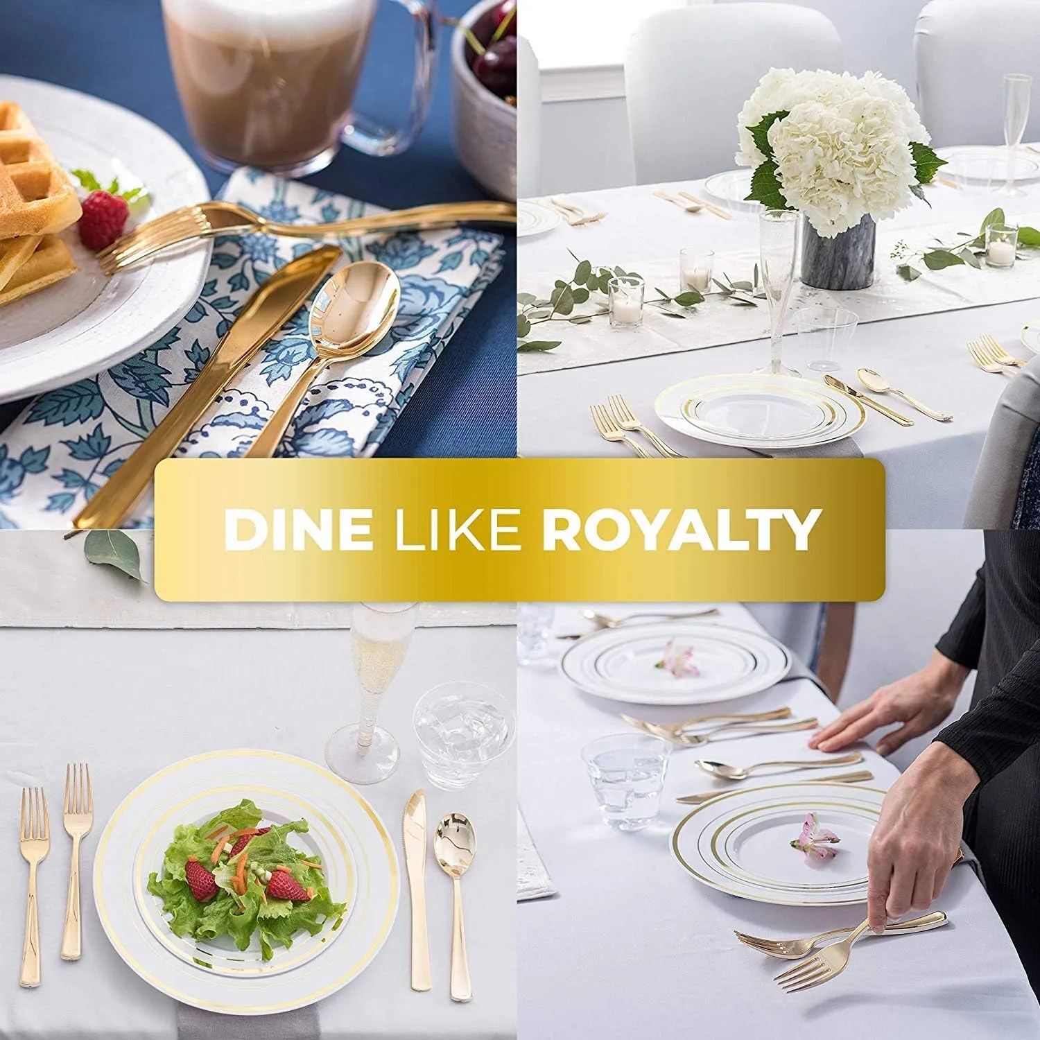125-Piece White and Gold Fancy Plastic Plates Disposable with Silverware, Elegant Dinnerware for Weddings, Holiday Party China, Set of 25 Dinner   Salad Plates, 25 Spoons, 25 Forks, 25 Knives