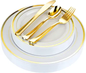 125-Piece White and Gold Fancy Plastic Plates Disposable with Silverware, Elegant Dinnerware for Weddings, Holiday Party China, Set of 25 Dinner   Salad Plates, 25 Spoons, 25 Forks, 25 Knives