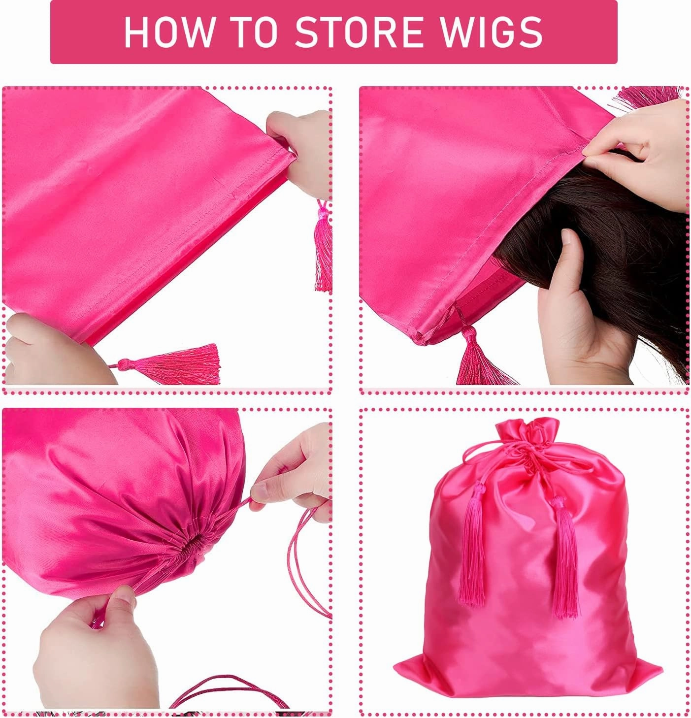 12 Pcs Satin Bags with Drawstring Tassel for Wigs- Bundles- Hair Extensions and Hair Tools Multipurpose Large Satin Storage Bags 30X40CM-11.8X15.7 Inch in Pink Color