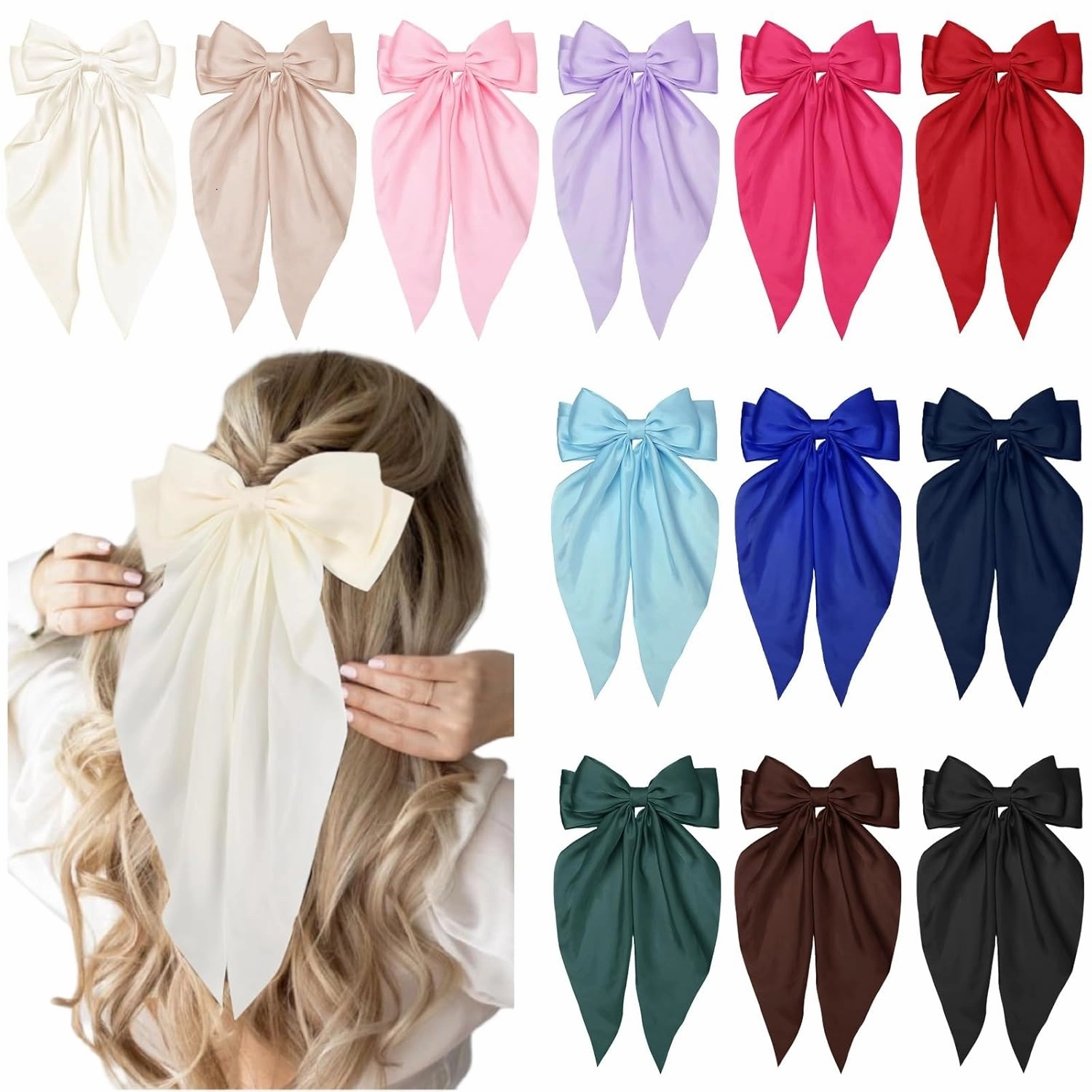 12PCS Valentine's Day Hair Bows for Women Clips, Big Bow Hair Clips with Long Tails, Silky Satin Hair Bows Clips Oversized, Cute Hair Accessories for Women Bows, Aesthetic Large Ribbons Bows for Hair