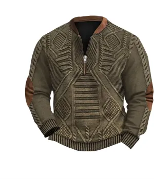 1/4 Zip Pullover Mens Stand Collar Sweatshirt Aztec Knit-Pattern Top Fall Western Vintage Long Sleeve Sweatshirt