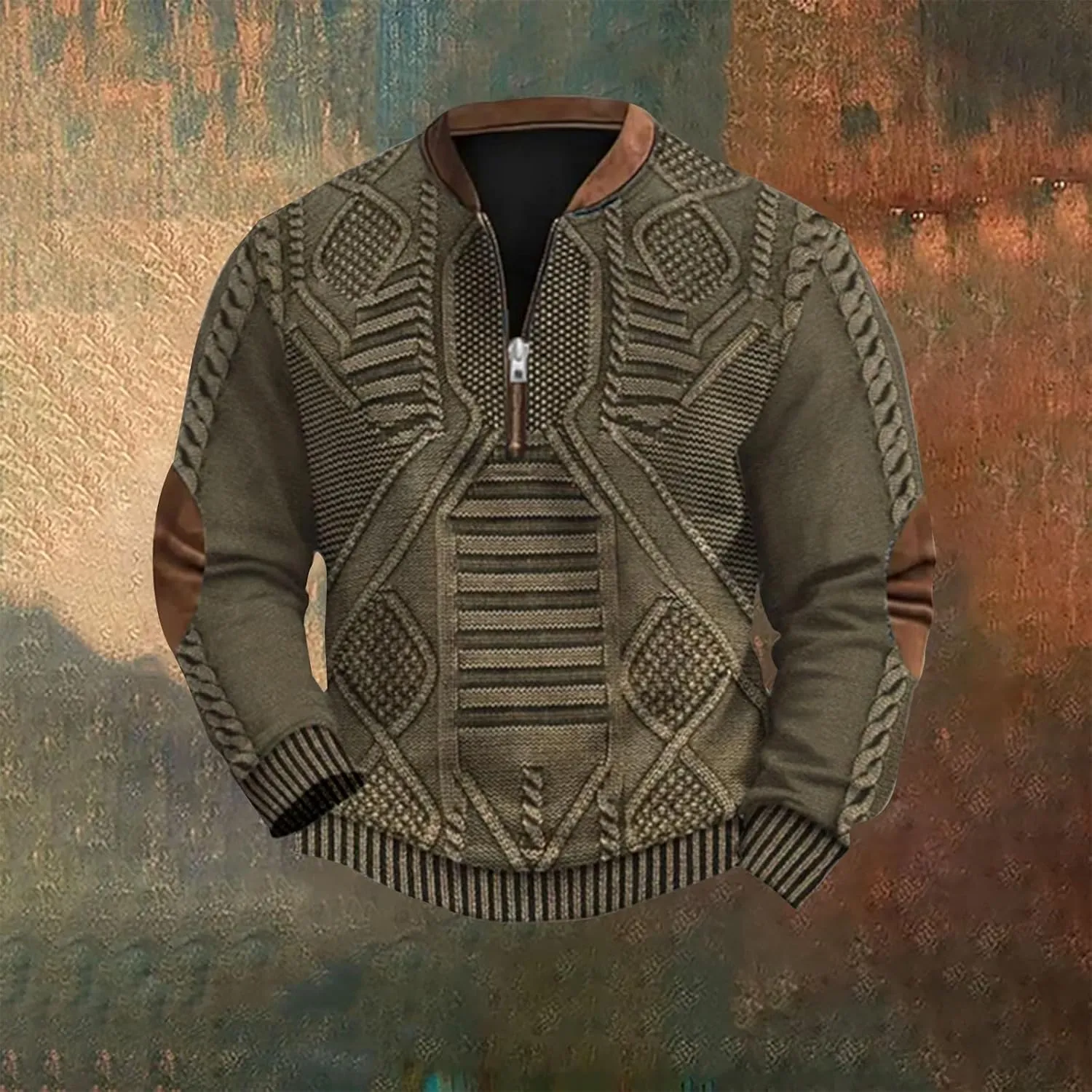 1/4 Zip Pullover Mens Stand Collar Sweatshirt Aztec Knit-Pattern Top Fall Western Vintage Long Sleeve Sweatshirt