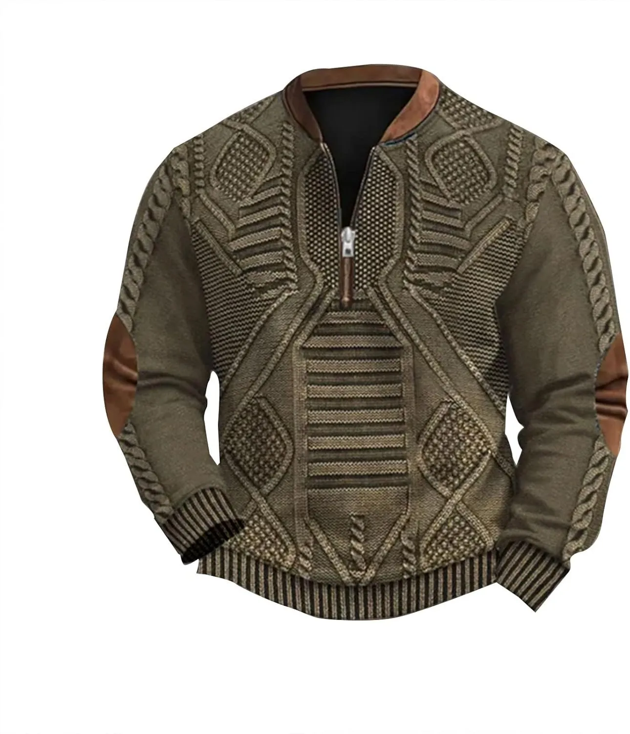 1/4 Zip Pullover Mens Stand Collar Sweatshirt Aztec Knit-Pattern Top Fall Western Vintage Long Sleeve Sweatshirt