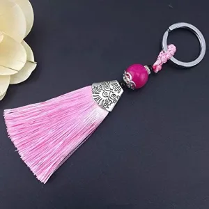 14cm Pink Tassel Charms Ice Silk Key Ring with Beads Pendant Key Buckle Satin Tassels Jewelry Making 10pcs - (Color: Pink)