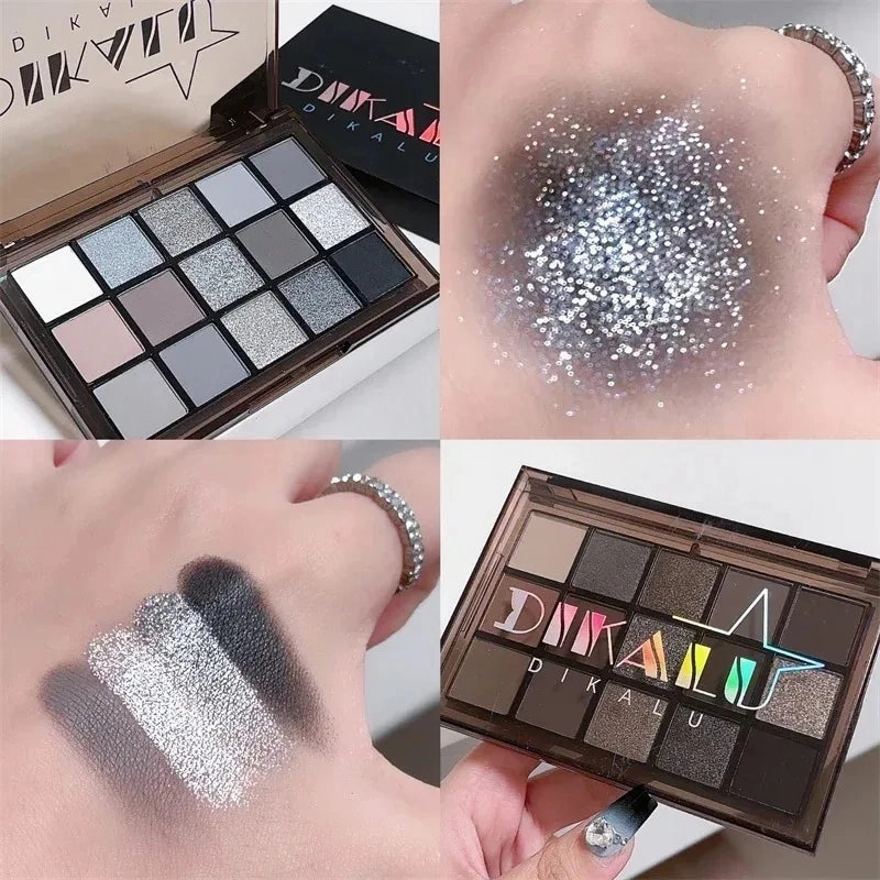 15Colors Eyeshadow Palette Black Smokey Cool Toned Eye Shadow Metal Pearlescent Matte Silver Gray Lasting Eyeshadow Party Makeup