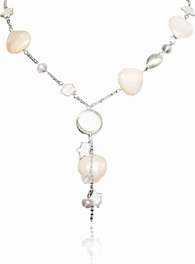 16" Freshwater Pearl Necklace - Baroque Necklace with Green Opal, Turquoise, Silver Clasp - Real Pearls Strand with Vintage Beaded Charms Luxury Jewelry Gift for Mother, Wife，Anniversary