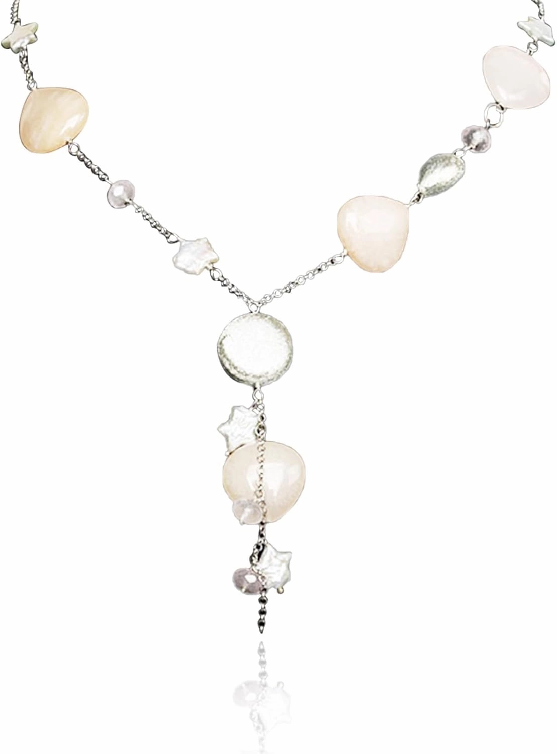 16" Freshwater Pearl Necklace - Baroque Necklace with Green Opal, Turquoise, Silver Clasp - Real Pearls Strand with Vintage Beaded Charms Luxury Jewelry Gift for Mother, Wife，Anniversary