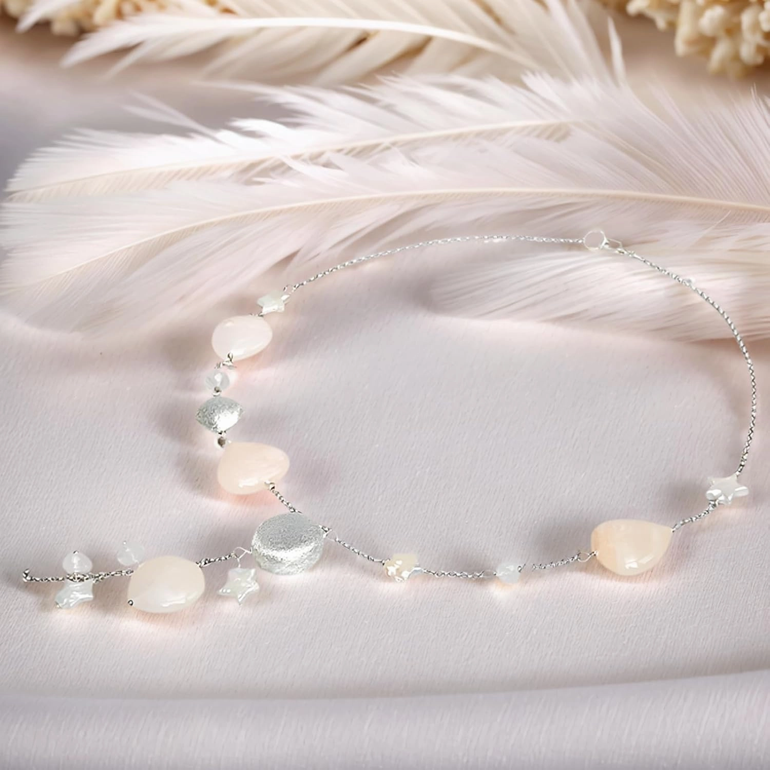 16" Freshwater Pearl Necklace - Baroque Necklace with Green Opal, Turquoise, Silver Clasp - Real Pearls Strand with Vintage Beaded Charms Luxury Jewelry Gift for Mother, Wife，Anniversary