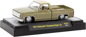 1973 Chevy Cheyenne Super 10 Pickup Truck Gold Metallic with Graphics Lowriders Limited Edition to 7700 Pieces Worldwide 1/64 Diecast Model Car by M2 31500-MJS72