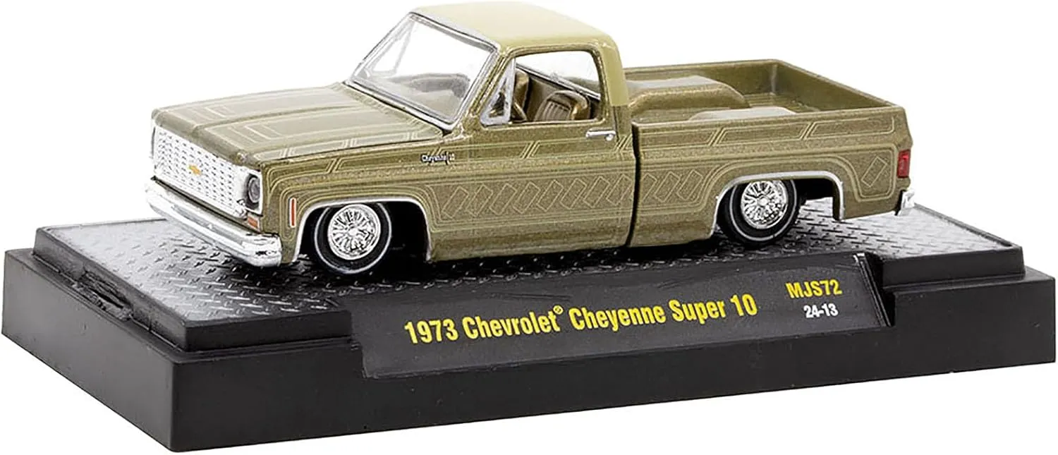 1973 Chevy Cheyenne Super 10 Pickup Truck Gold Metallic with Graphics Lowriders Limited Edition to 7700 Pieces Worldwide 1/64 Diecast Model Car by M2 31500-MJS72