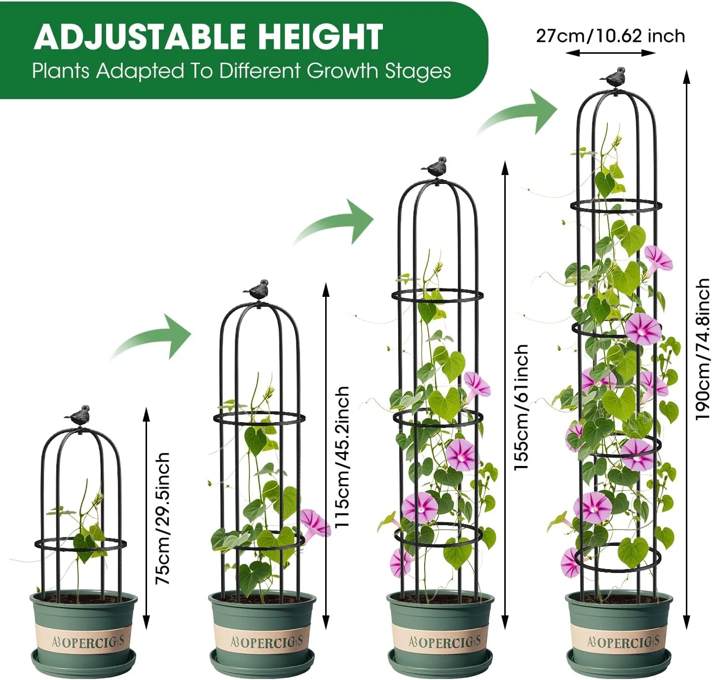 2 Pcs Garden Trellis for Climbing Plants, 6.2 Ft Rustproof Metal Pipe with Heavy Duty Plastic Coated, Garden Outdoor Indoor Potted Plant Support, Obelisk Garden Trellis for Climbing Vine