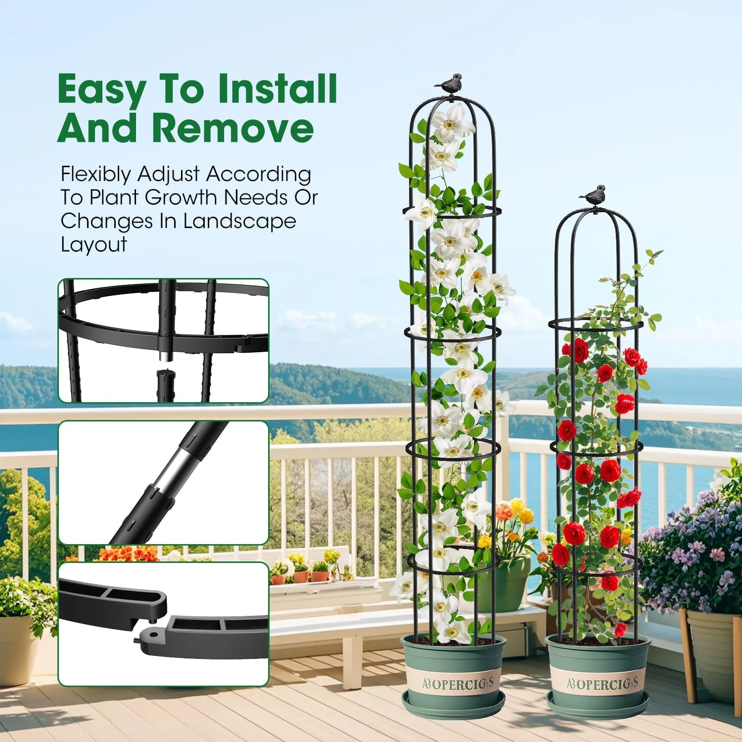 2 Pcs Garden Trellis for Climbing Plants, 6.2 Ft Rustproof Metal Pipe with Heavy Duty Plastic Coated, Garden Outdoor Indoor Potted Plant Support, Obelisk Garden Trellis for Climbing Vine