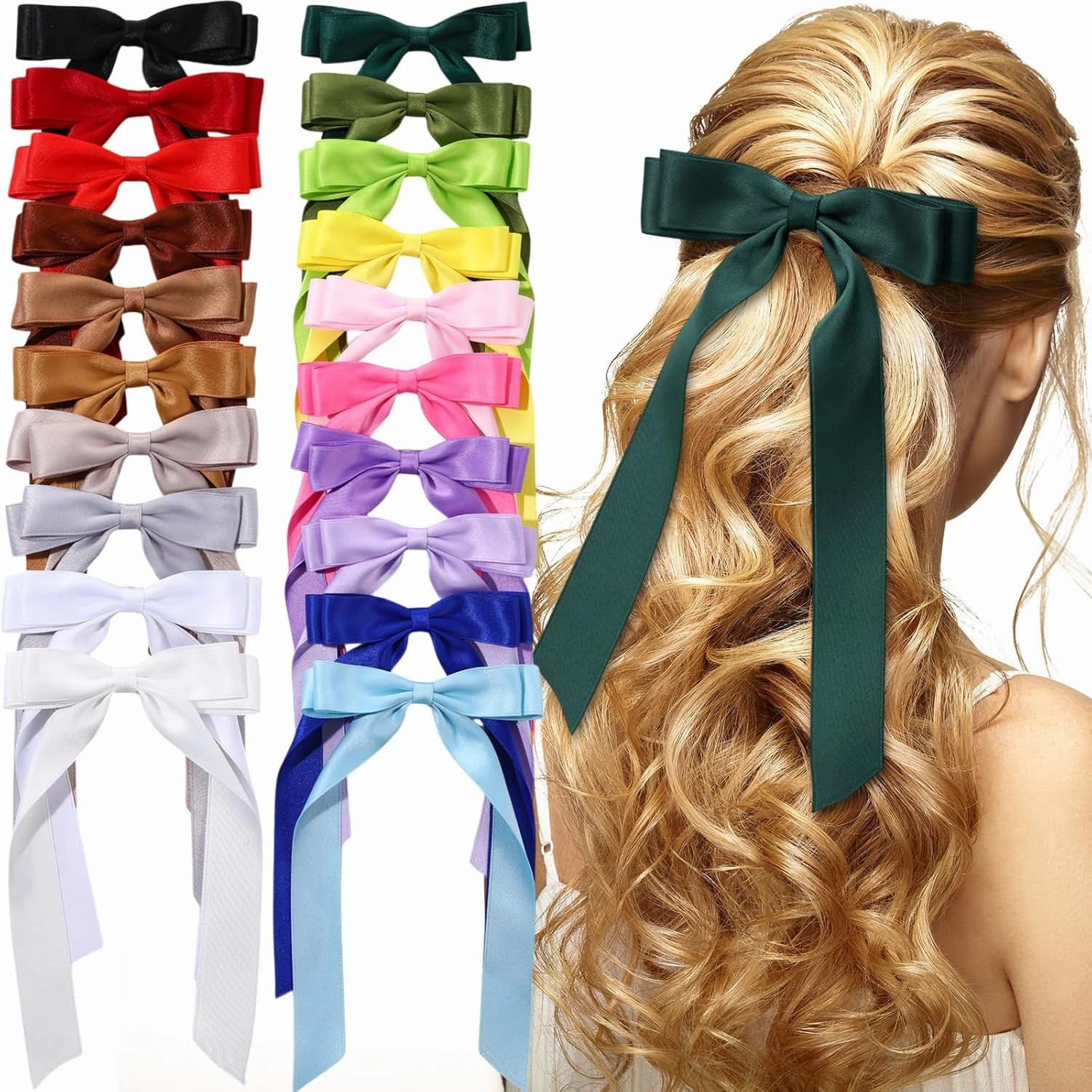 20 Pcs Silky Satin Hair Bows Bulk Hair Clip Hair Ribbon Ponytail Holder Accessories Slides Metal Clips French Hair Barrettes Bow Knot Hair Bow with Long Tails Hair Pins for Women