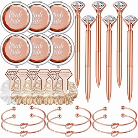 24 Pack Bridesmaid Proposal Gifts 6 Hair Scrunchies Bridal Shower Hair Band 6 Compact Pocket Bride Makeup Mirror 6 Love Knot Bracelets 6 Rose Gold Diamond Pens for Wedding Bridal Party Accessories