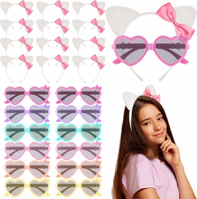 24 Pcs Cat Party Favors Set Cat Ears Headbands Kitten Bow Heart Sunglasses Party Decorations Pink Bow Headwear Hair Accessories for Women Birthday Gift Hair Hoops Costume
