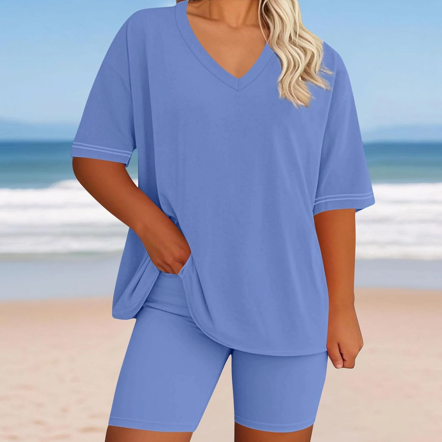 2 Piece Sets for Women Summer Two Piece Outfits V Neck Short Sleeve Tops Lounge Matching Shorts Leggings Tracksuist
