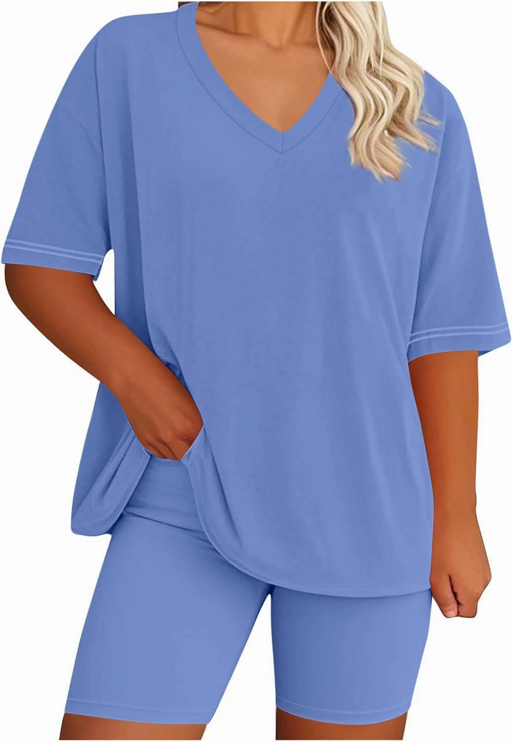 2 Piece Sets for Women Summer Two Piece Outfits V Neck Short Sleeve Tops Lounge Matching Shorts Leggings Tracksuist