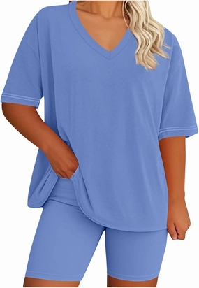 2 Piece Sets for Women Summer Two Piece Outfits V Neck Short Sleeve Tops Lounge Matching Shorts Leggings Tracksuist