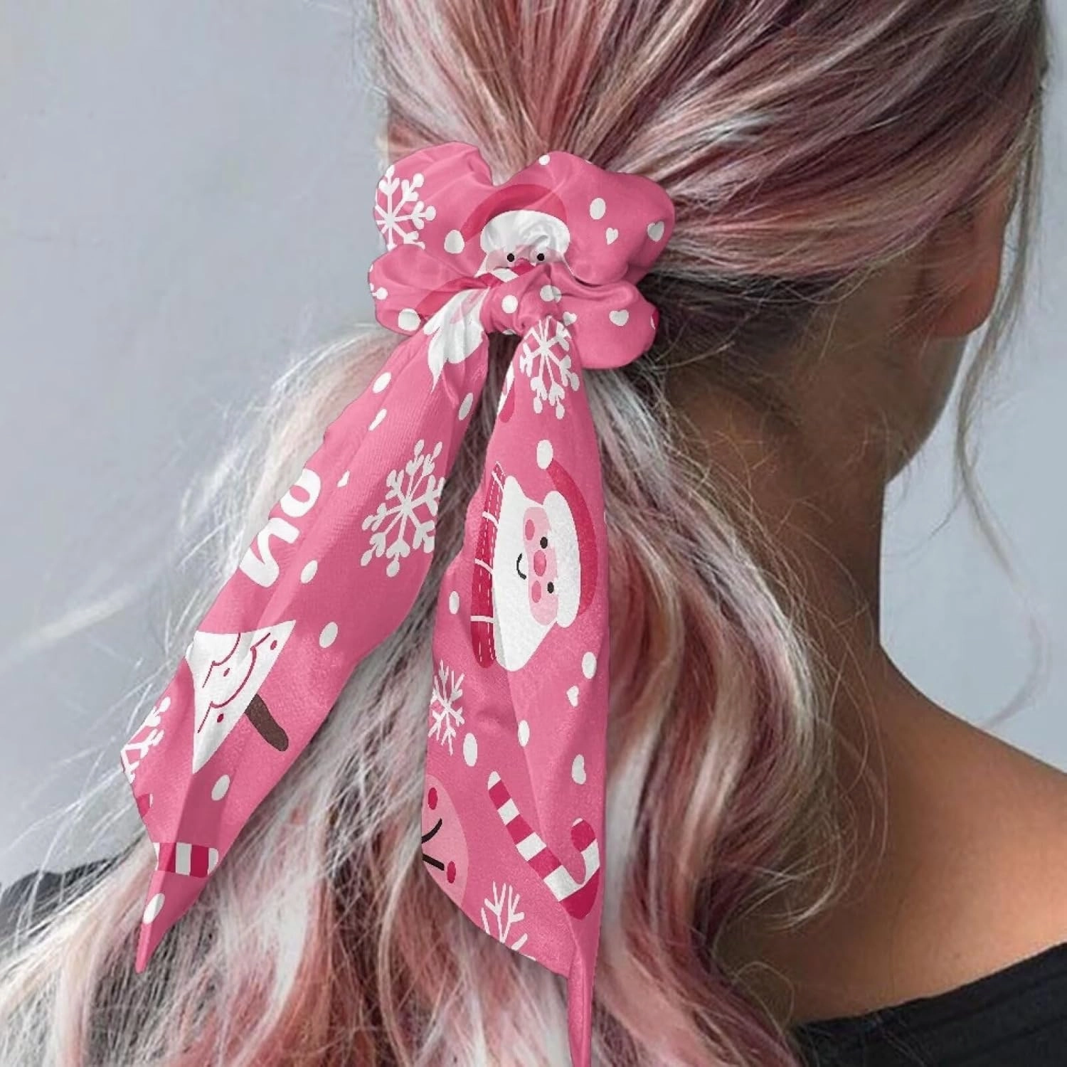 2 Pieces Christmas Santa Claus Tree Pink Bow Hair Scrunchies Elegant Bunny Ears Bowknot Hair Ties Elastic Bow Tie Hair Accessories for Ladies Women Teen Girls
