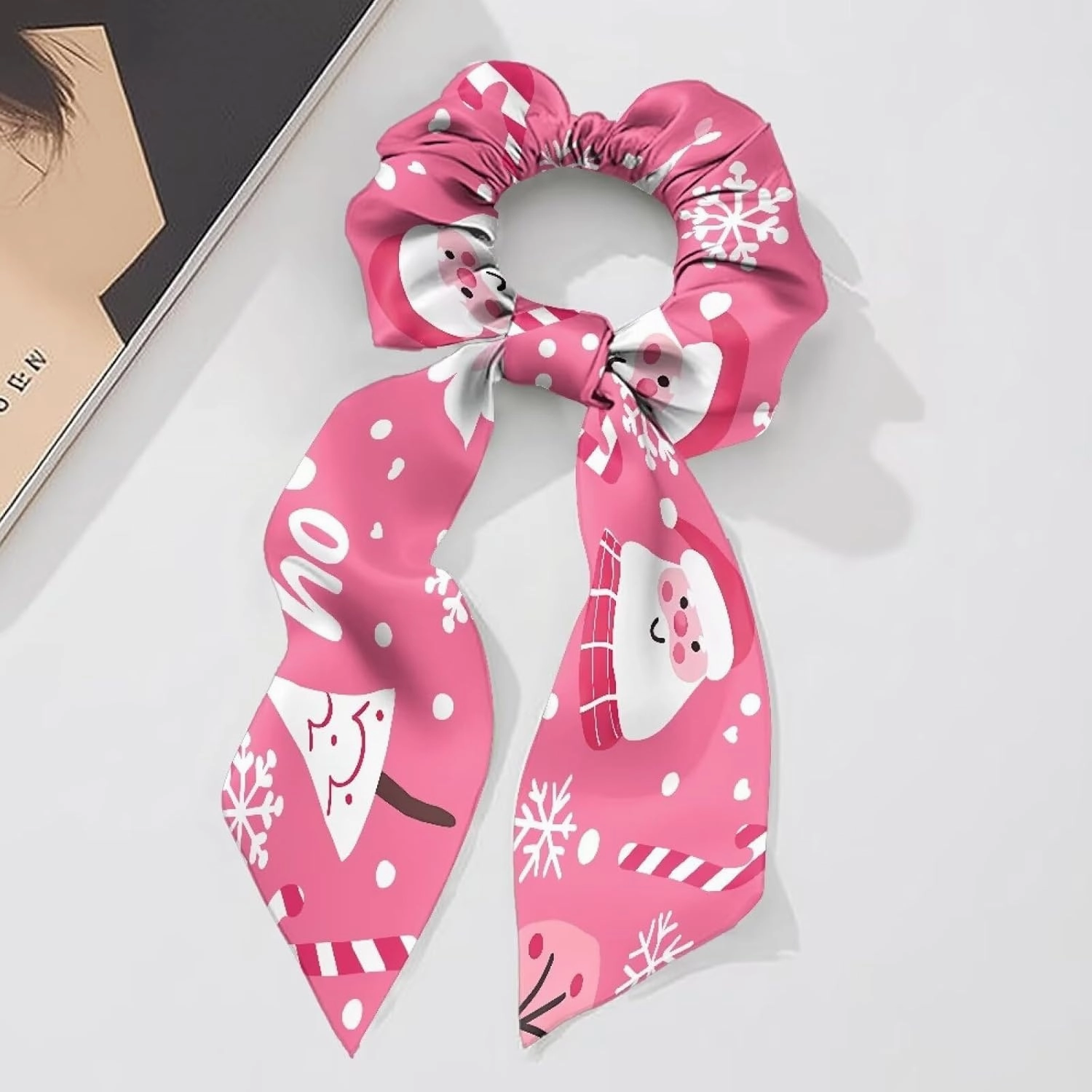 2 Pieces Christmas Santa Claus Tree Pink Bow Hair Scrunchies Elegant Bunny Ears Bowknot Hair Ties Elastic Bow Tie Hair Accessories for Ladies Women Teen Girls
