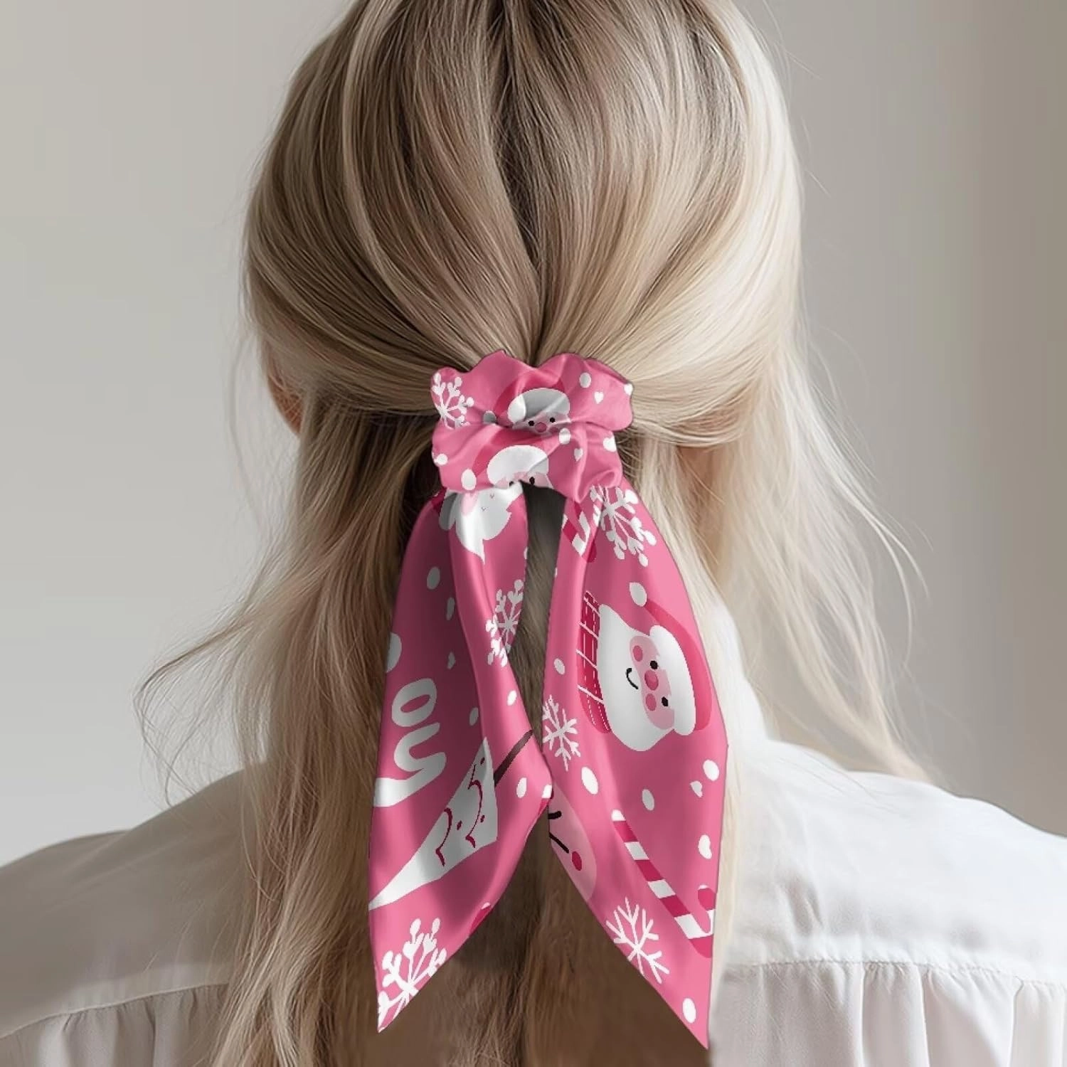 2 Pieces Christmas Santa Claus Tree Pink Bow Hair Scrunchies Elegant Bunny Ears Bowknot Hair Ties Elastic Bow Tie Hair Accessories for Ladies Women Teen Girls