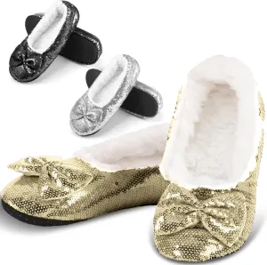 3 Pairs Women Ballerina Sequin Slippers, Glitter Christmas Winter Ruby Red Slippers Holiday Gift for Women