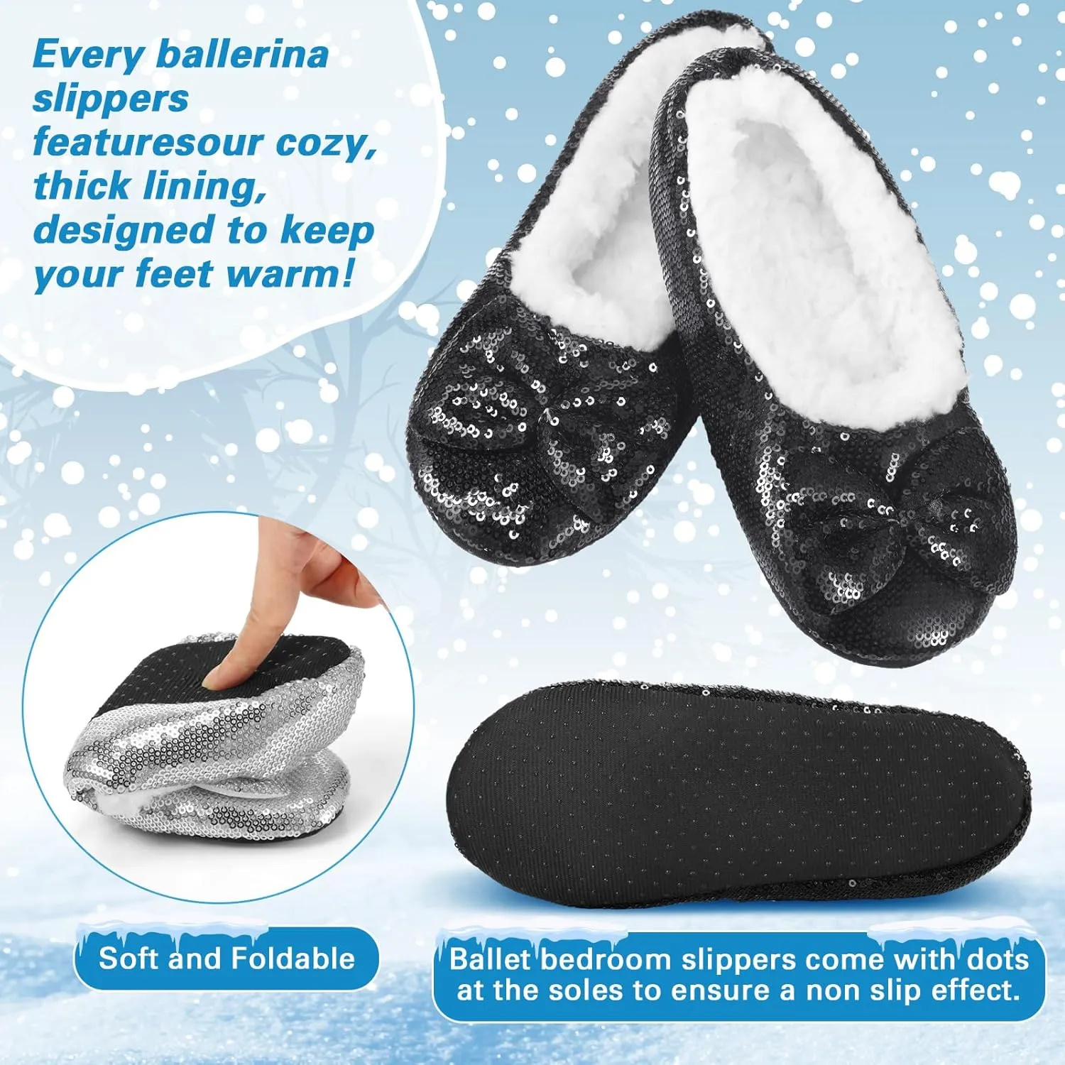 3 Pairs Women Ballerina Sequin Slippers, Glitter Christmas Winter Ruby Red Slippers Holiday Gift for Women