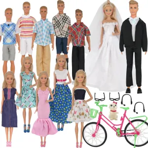 33Pcs Doll Clothes and Accessories for 12 Inch Boy and Girl Doll, Includes 20 Wear Clothes Shirt Jeans Suit and Wedding Dresses, Glasses Earphones Dog and Bike for 12'' Boy Girl Doll
