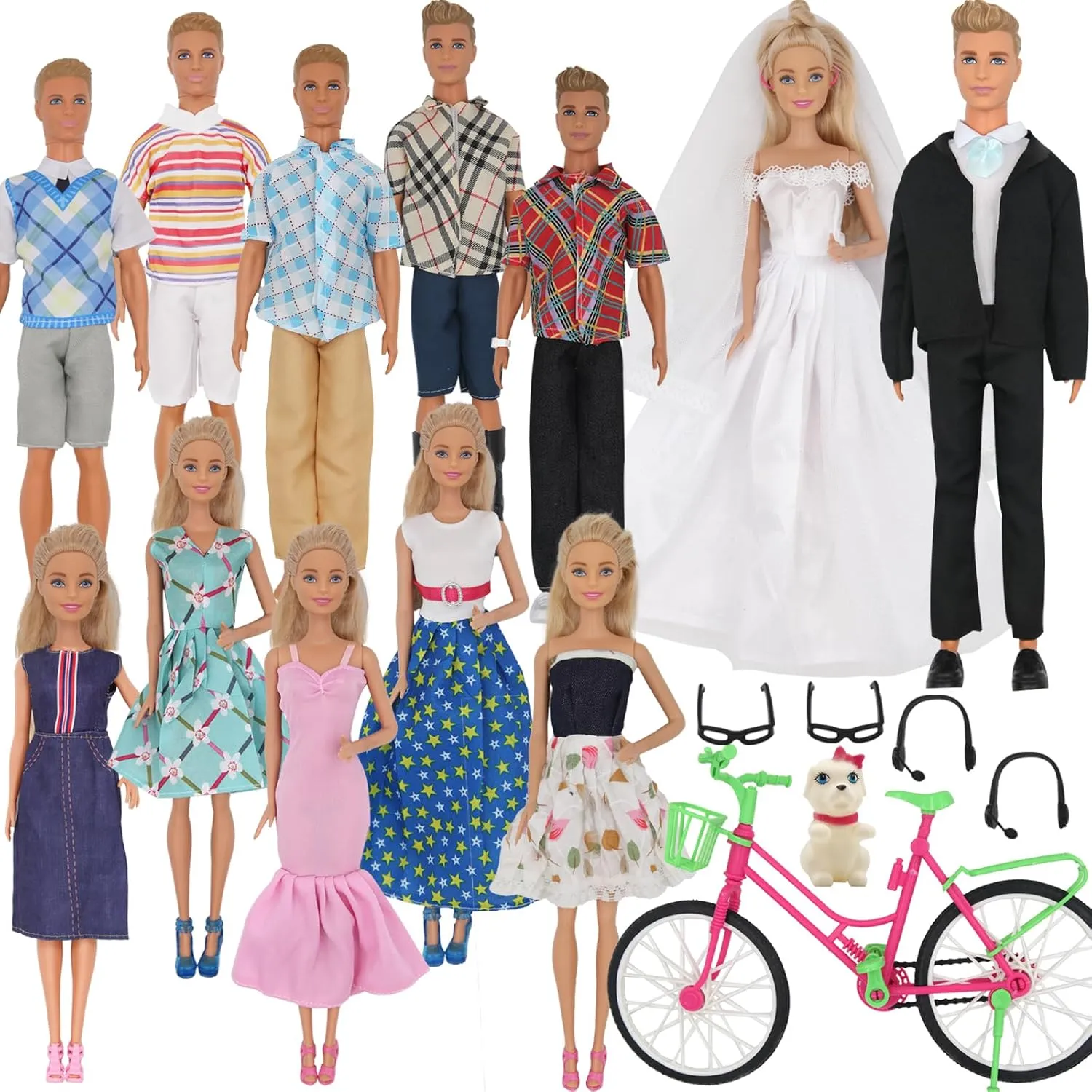 33Pcs Doll Clothes and Accessories for 12 Inch Boy and Girl Doll, Includes 20 Wear Clothes Shirt Jeans Suit and Wedding Dresses, Glasses Earphones Dog and Bike for 12'' Boy Girl Doll