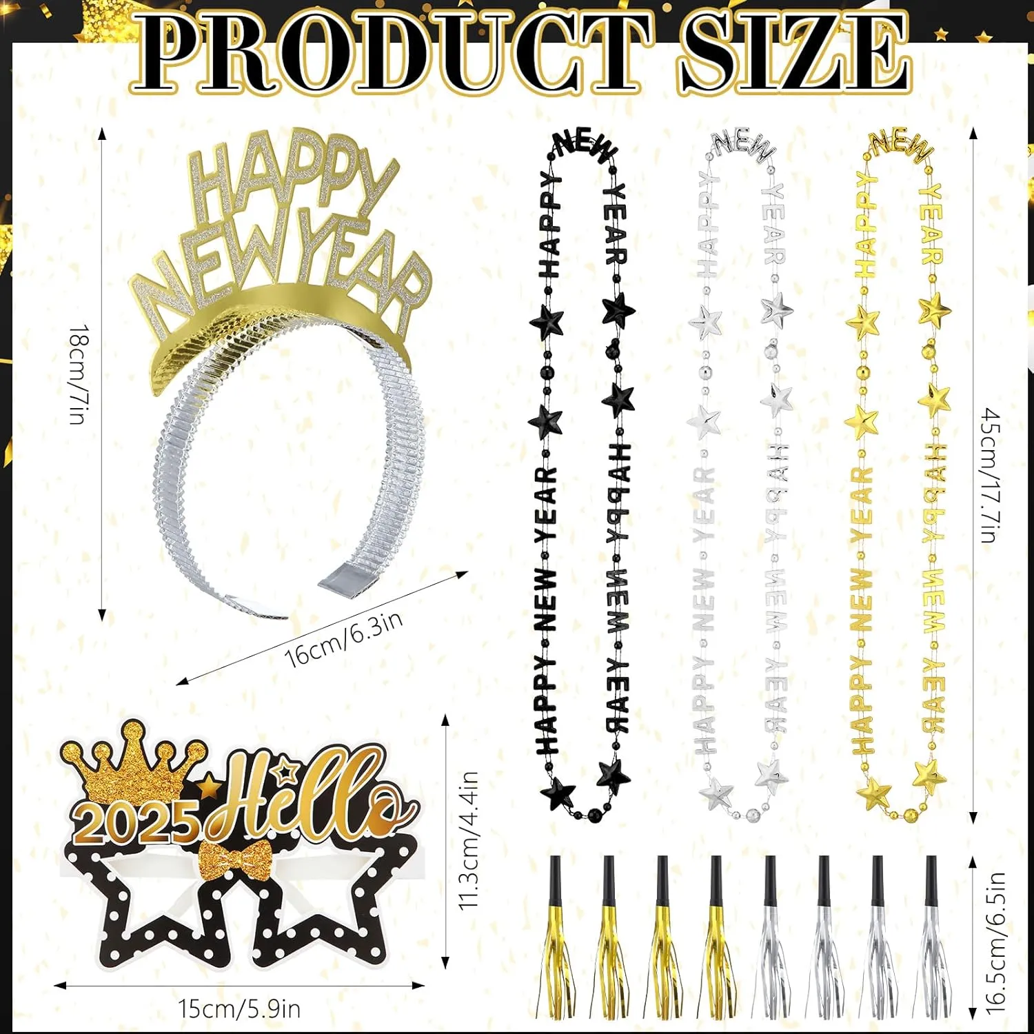 36 Pcs 2025 Decorations New Years Happy New Year 2025 Headband Tiara New Year Eve Glasses Metallic Fringed Noise Makers and Necklaces Black and Gold Silver for New Year Party Favors Decor