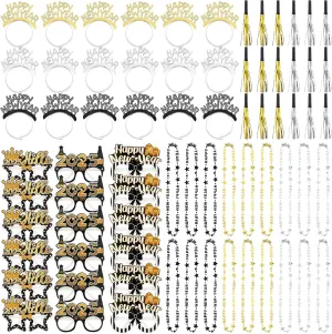 36 Pcs 2025 Decorations New Years Happy New Year 2025 Headband Tiara New Year Eve Glasses Metallic Fringed Noise Makers and Necklaces Black and Gold Silver for New Year Party Favors Decor