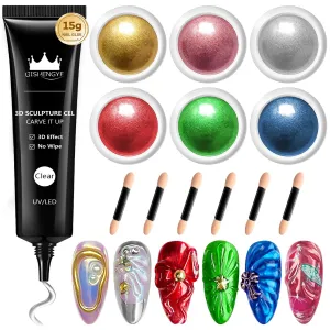 3D Nail Gel and Chrome Nail Powder: 15g No Wipe Clear 3D Sculpting Gel for Nail Art Non-Sticky Hand Hard Gel Carving Gel with Rose Gold Red Green Chrome Powder for Gel Nail Art Home DIY
