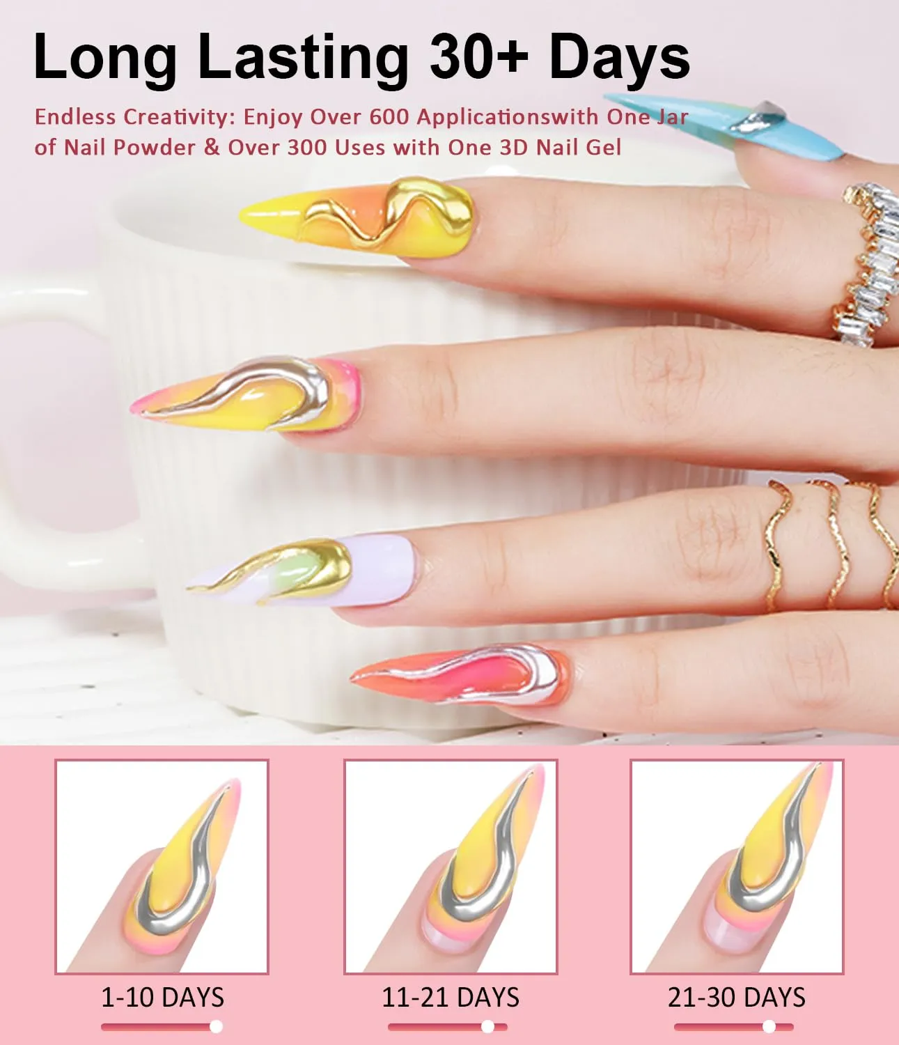 3D Nail Gel and Chrome Nail Powder: 15g No Wipe Clear 3D Sculpting Gel for Nail Art Non-Sticky Hand Hard Gel Carving Gel with Rose Gold Red Green Chrome Powder for Gel Nail Art Home DIY