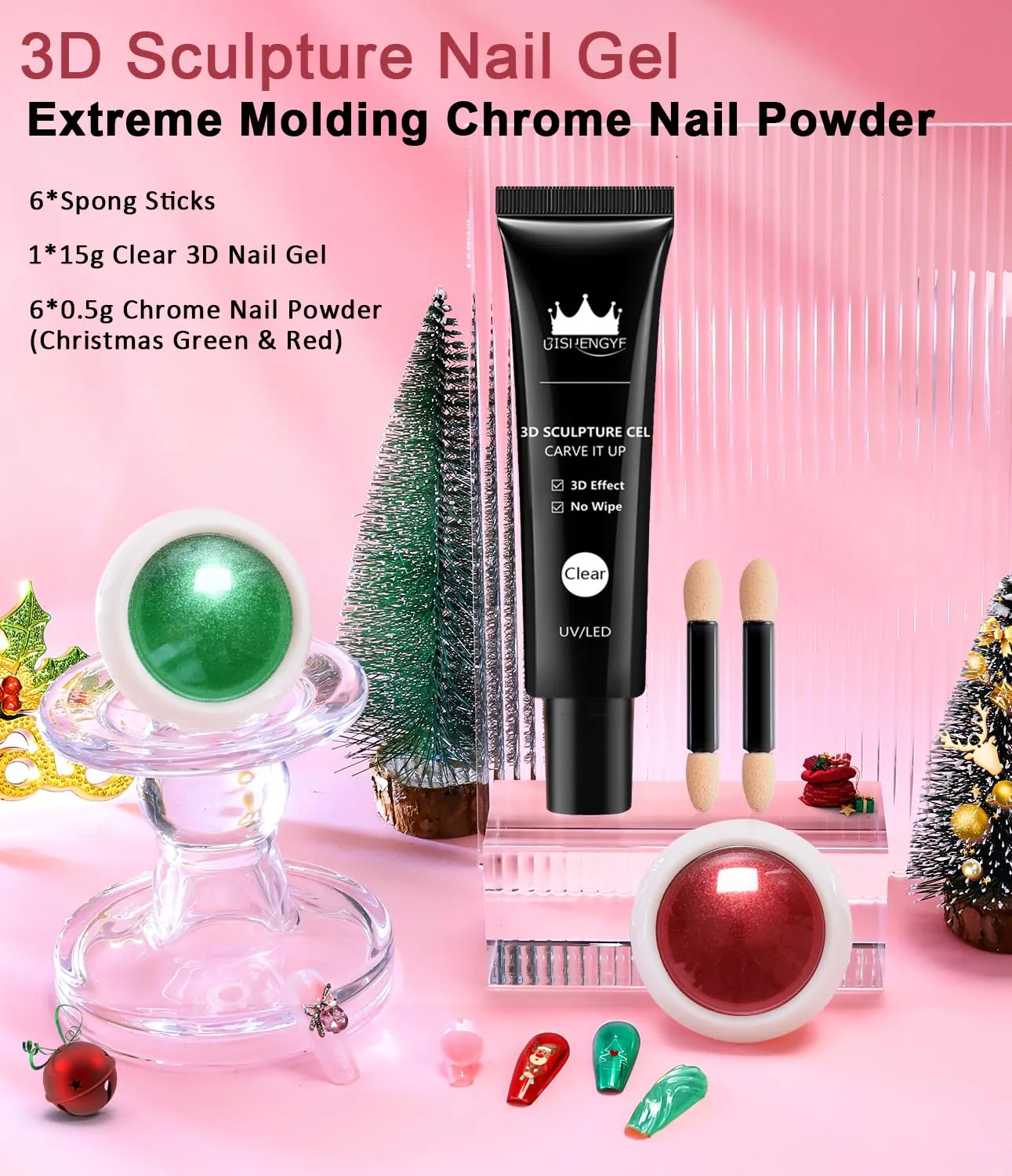 3D Nail Gel and Chrome Nail Powder: 15g No Wipe Clear 3D Sculpting Gel for Nail Art Non-Sticky Hand Hard Gel Carving Gel with Rose Gold Red Green Chrome Powder for Gel Nail Art Home DIY