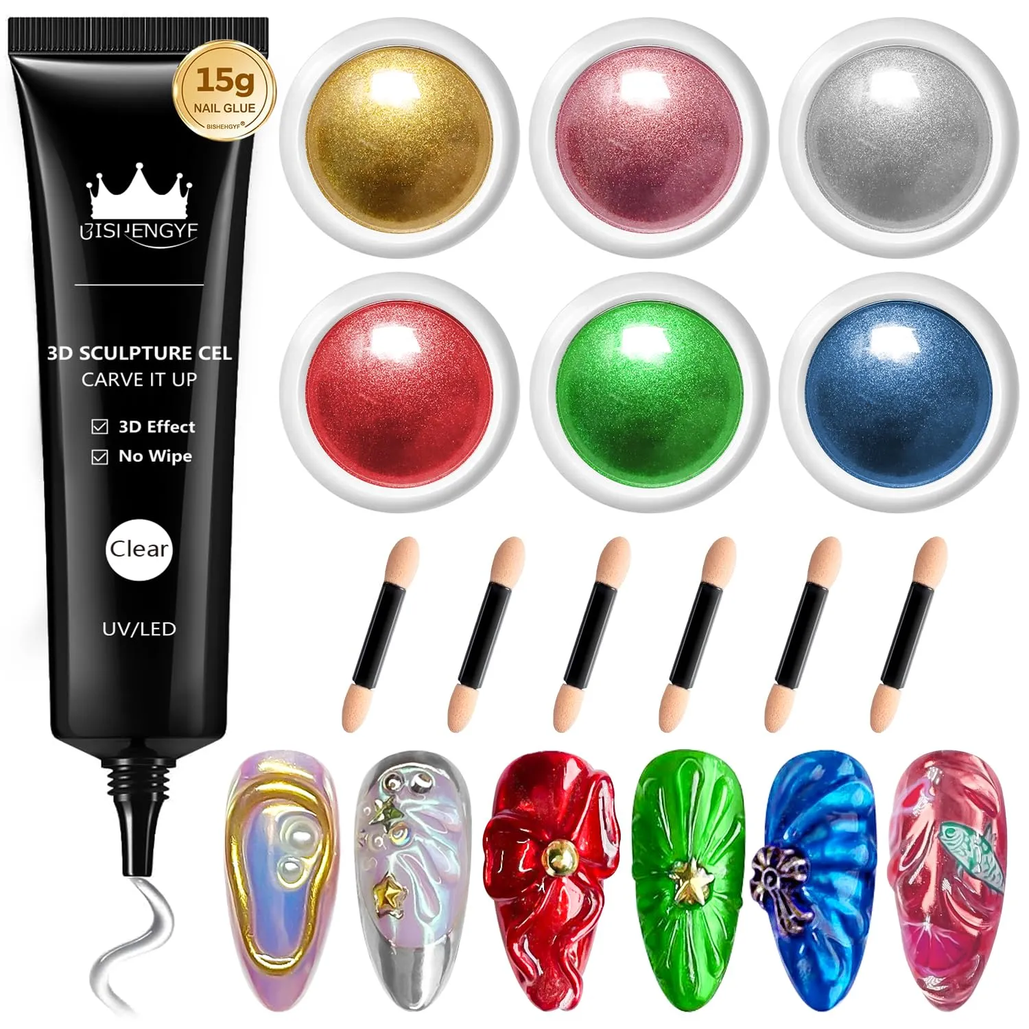 3D Nail Gel and Chrome Nail Powder: 15g No Wipe Clear 3D Sculpting Gel for Nail Art Non-Sticky Hand Hard Gel Carving Gel with Rose Gold Red Green Chrome Powder for Gel Nail Art Home DIY