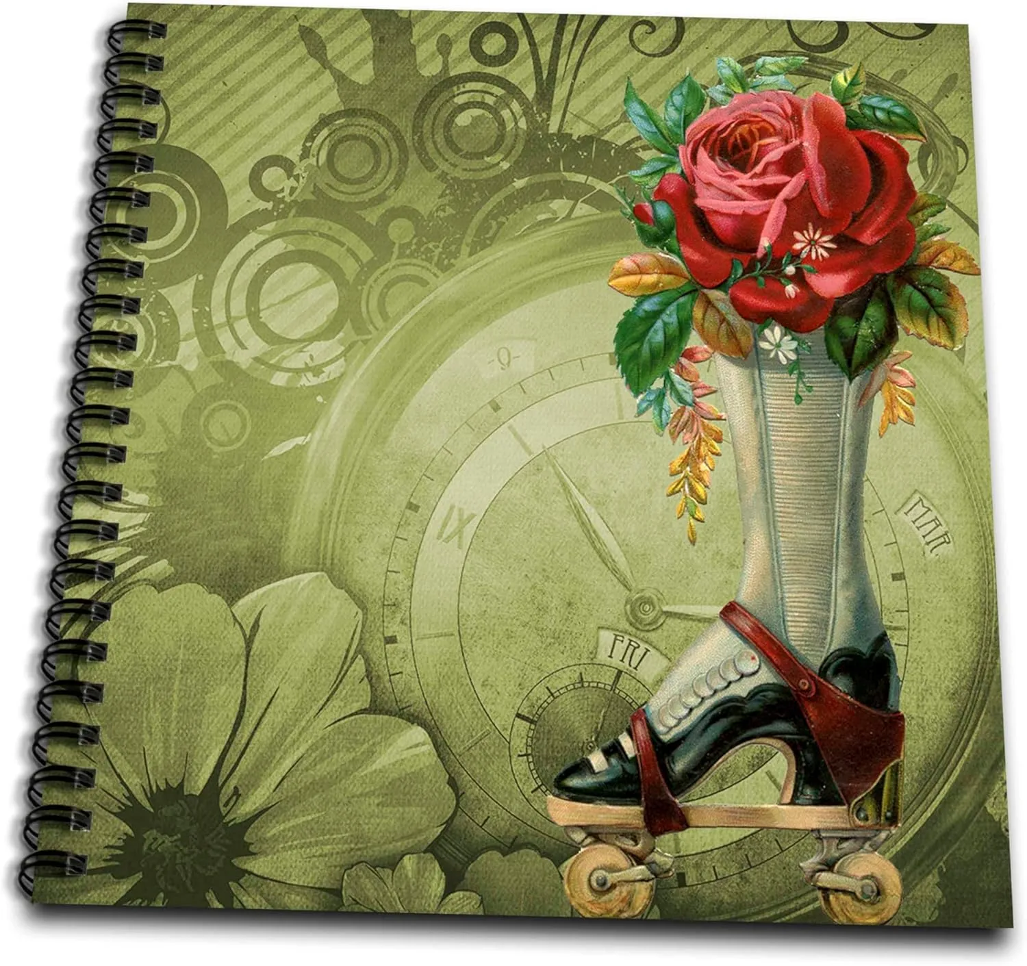 3dRose db_102680_1 Vintage Victorian Steampunk Roller Skate Boot with Red Rose Clock Background-Drawing Book, 8 by 8-Inch