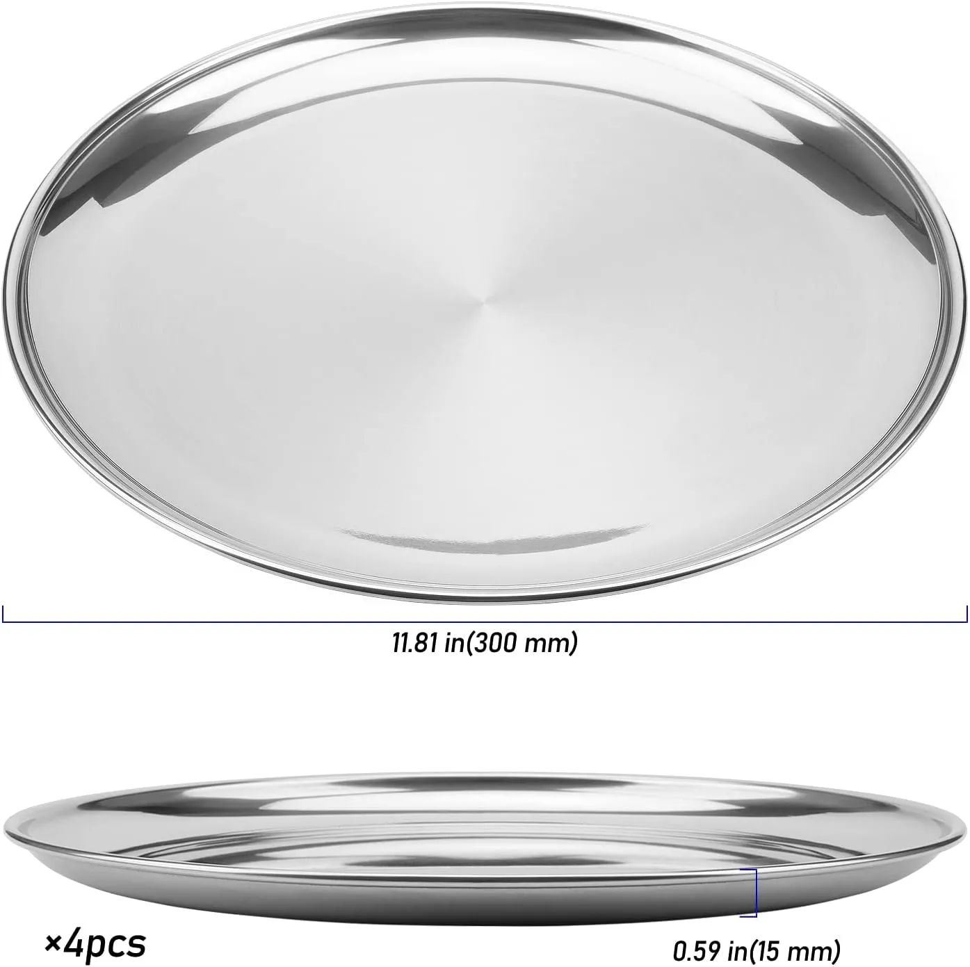 4 Pack 12 Inch Silver Stainless Steel Plates, Round Silver Metal Dinner Plates, Dishwasher Safe Stainless Steel Serving Dishes for Home, Camping, Barbecue