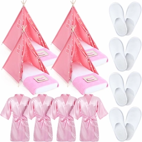 4 Set Girls Sleepover Teepee Tent Kit with Light Inflatable Airbed Bedding Fitted Sheet Pink Satin Kimono Robe Eye Shade Slipper Play Washable Slumber Party Tent for Indoor Outdoor Christmas