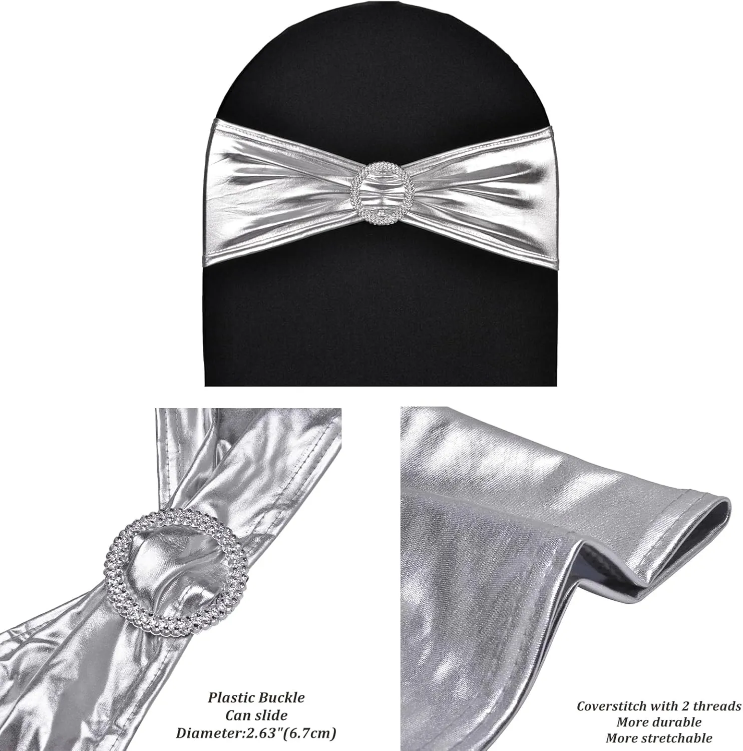50pcs Metallic Silver Spandex Chair Sashes, Durable Workmanship,Stretch Bows with Buckle Stretchable for Christmas Wedding Party Banquet Event Baby Shower Birthday Celebration Decoration