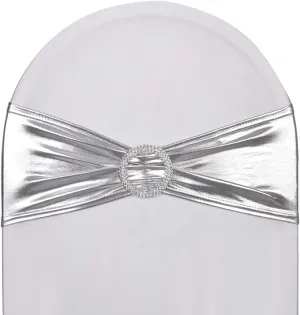 50pcs Metallic Silver Spandex Chair Sashes, Durable Workmanship,Stretch Bows with Buckle Stretchable for Christmas Wedding Party Banquet Event Baby Shower Birthday Celebration Decoration