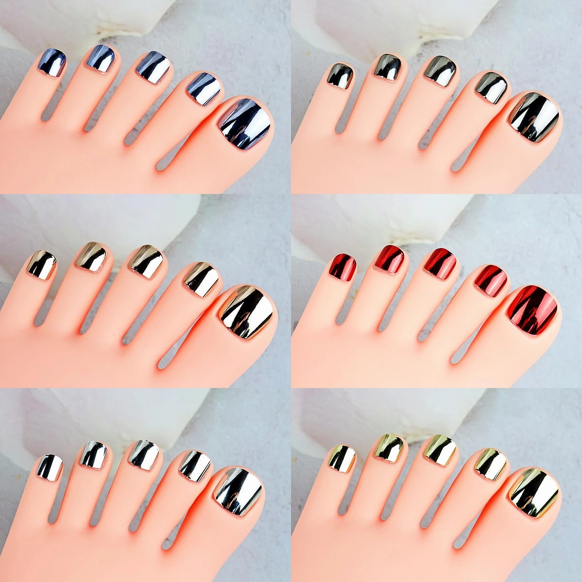 6 Colors 144 Pcs Chrome Press on Toenails Set Mirror False Toenails Metallic Pedicure Toe Fake Nails Short Square Metal Acrylic Nails Summer Full Cover Toenail Art Tips Kits for Women Girls