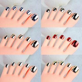 6 Colors 144 Pcs Chrome Press on Toenails Set Mirror False Toenails Metallic Pedicure Toe Fake Nails Short Square Metal Acrylic Nails Summer Full Cover Toenail Art Tips Kits for Women Girls